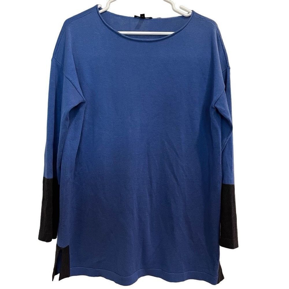 Eileen Fisher Sweater Womens XS Cotton-Silk Blue Colorblock Tunic Luxe Lagenlook